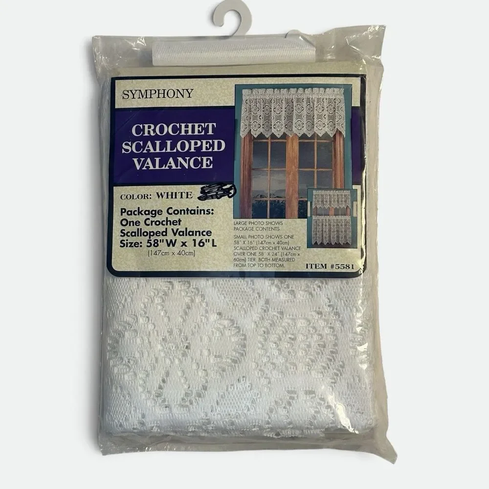 Vintage Symphony Crochet Scalloped Valance White 58x16 USA NOS #5581